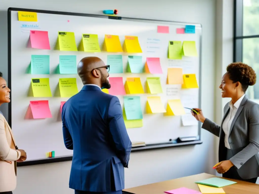 Profesionales diversificados colaboran en una sesión de lluvia de ideas, expresando determinación y liderazgo en startups de código abierto