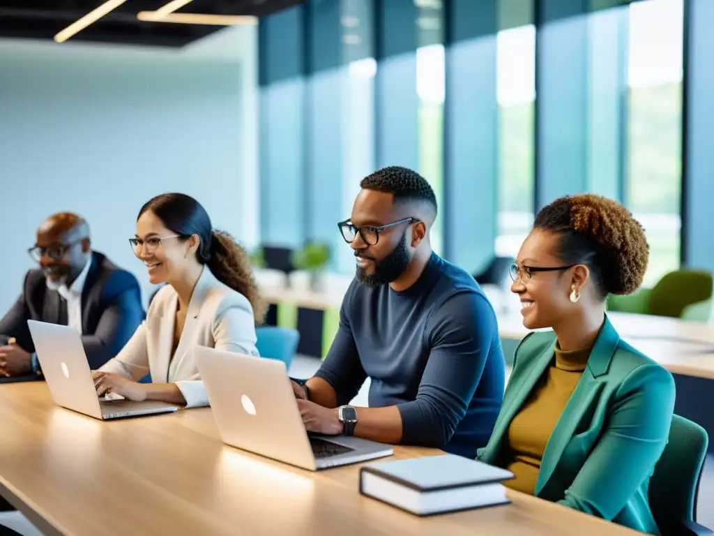 Profesionales diversos colaborando en un ambiente de oficina moderno y abierto, usando laptops y tablets