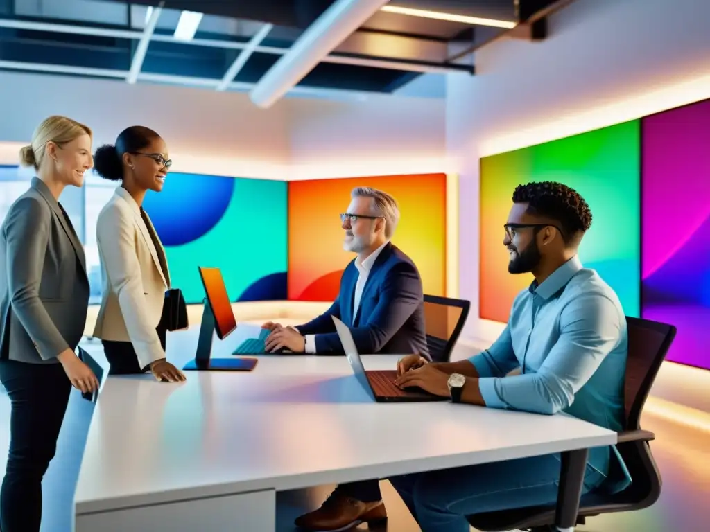 Profesionales diversos colaborando en un espacio de oficina moderno, rodeados de tecnología de vanguardia y experimentando con aprendizaje automático práctico código abierto