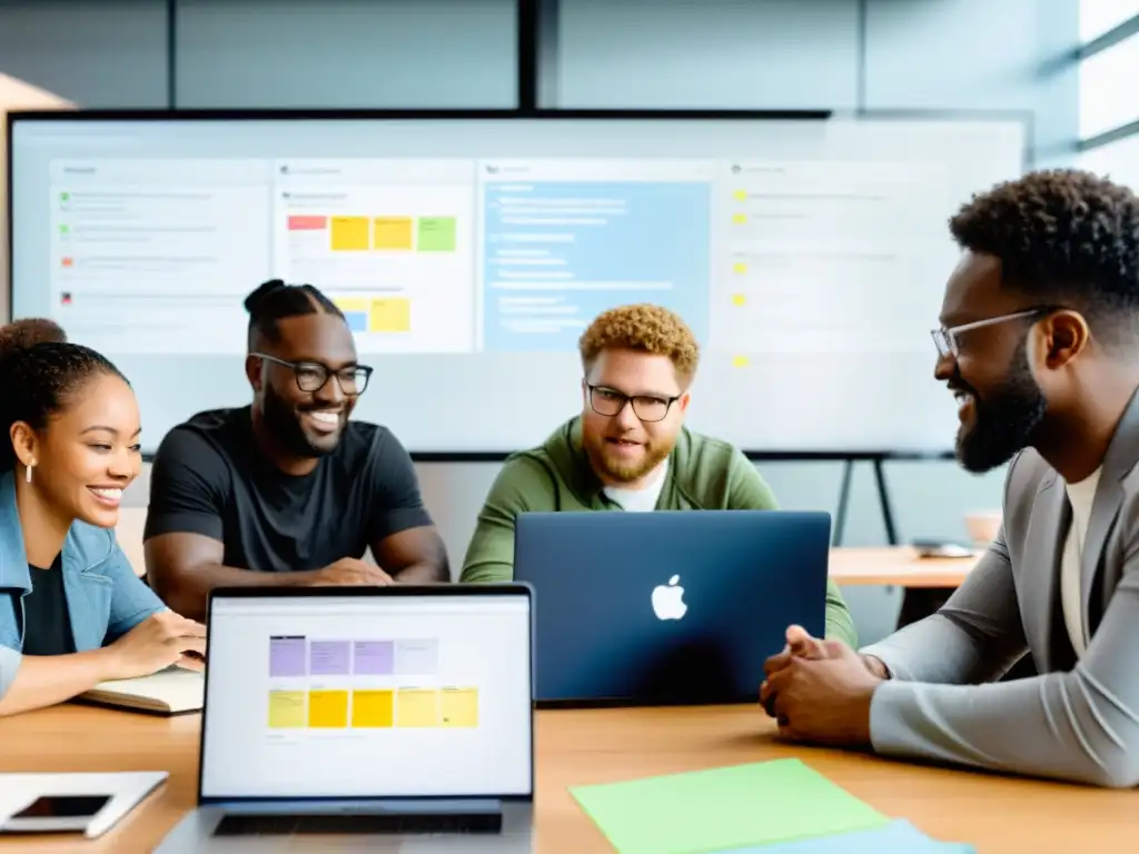 Profesionales diversos colaborando en un proyecto, compartiendo ideas y utilizando Git y GitHub colaborativos en un ambiente productivo y inclusivo