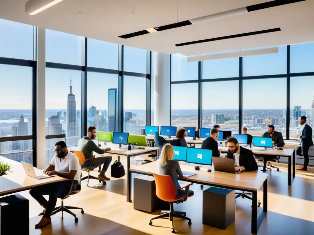 Profesionales colaborando en un espacio de coworking moderno, bañado de luz natural, con vistas a la ciudad