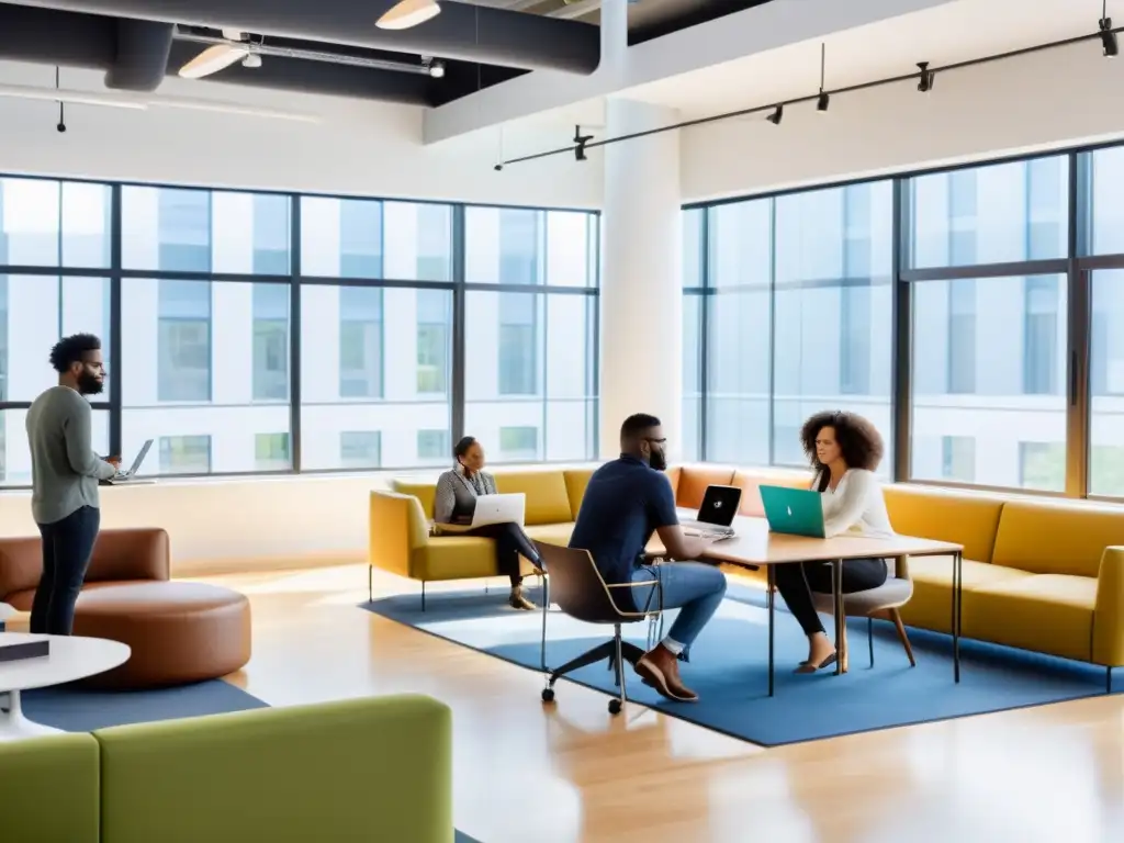 Profesionales colaborando en un espacio de coworking moderno, lleno de luz natural, discutiendo y trabajando con laptops y pizarras