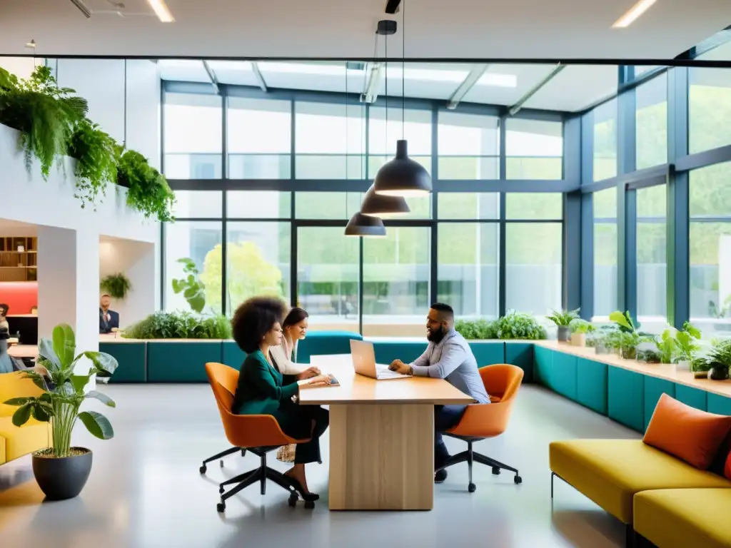 Profesionales colaborando en un espacio moderno y dinámico, discutiendo ideas en una oficina abierta