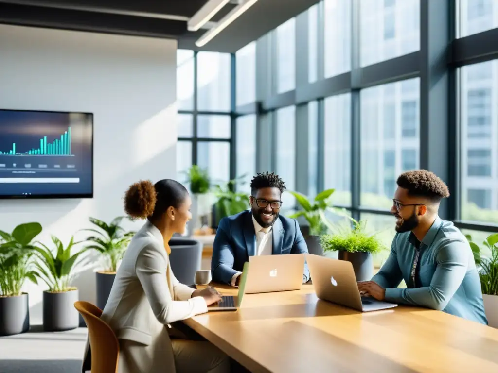 Profesionales colaborando en un espacio moderno y luminoso, discutiendo las ventajas del software libre en proyectos