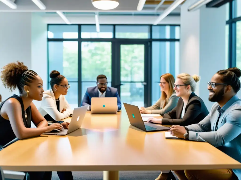 Profesionales colaborando en un espacio moderno, con laptops y materiales de código abierto en la mesa