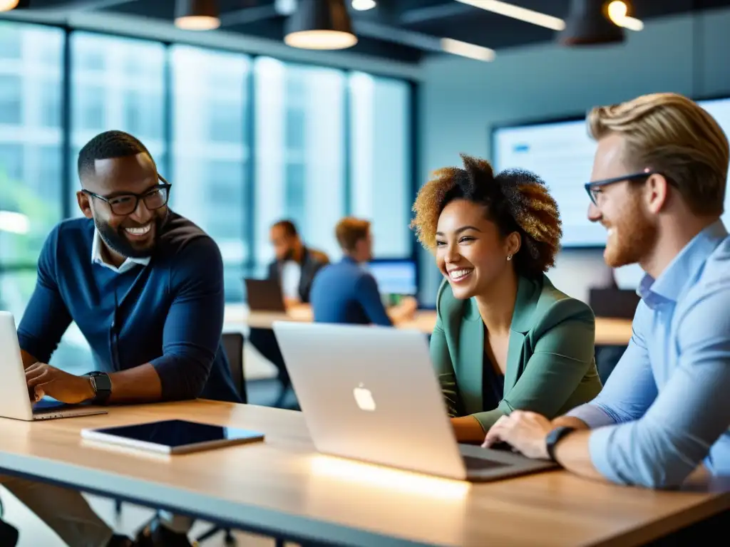 Profesionales colaborando en un espacio moderno, trabajando en proyectos de desarrollo de software abierto