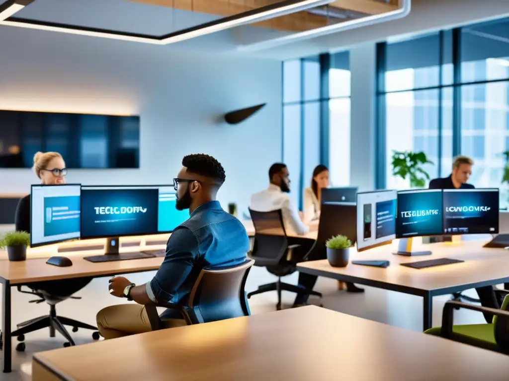 Profesionales colaborando en un espacio de oficina tech, con monitores y dispositivos, reflejando un ambiente dinámico e innovador