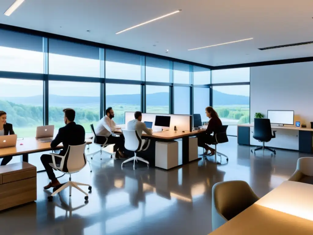 Oficina abierta: colaboración dinámica y productiva con software libre Profesionales colaborando en un espacio de oficina abierto, con luz natural, muebles modernos y discusiones dinámicas