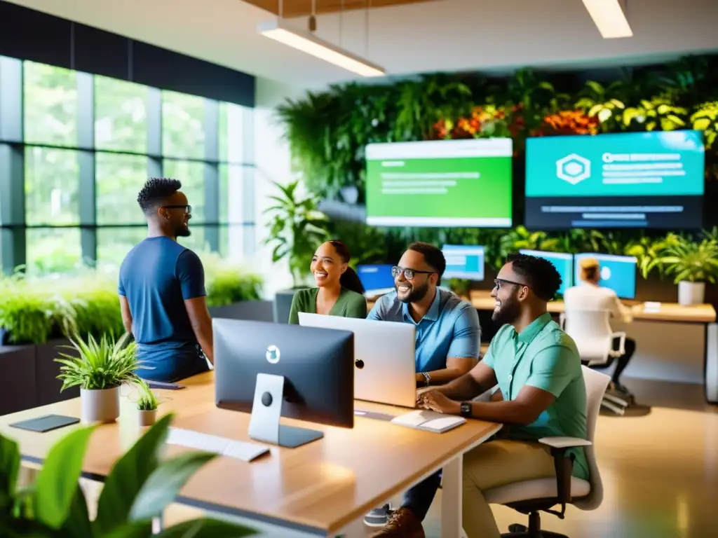 Profesionales colaborando en espacio de oficina abierto y soleado, rodeados de tecnología moderna y vegetación