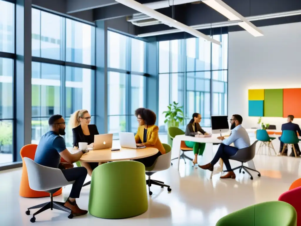 Profesionales colaborando en un espacio de oficina luminoso y moderno