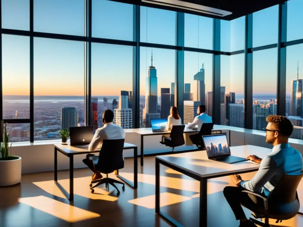 Profesionales colaborando en un espacio de oficina moderno, con grandes ventanas y luz natural