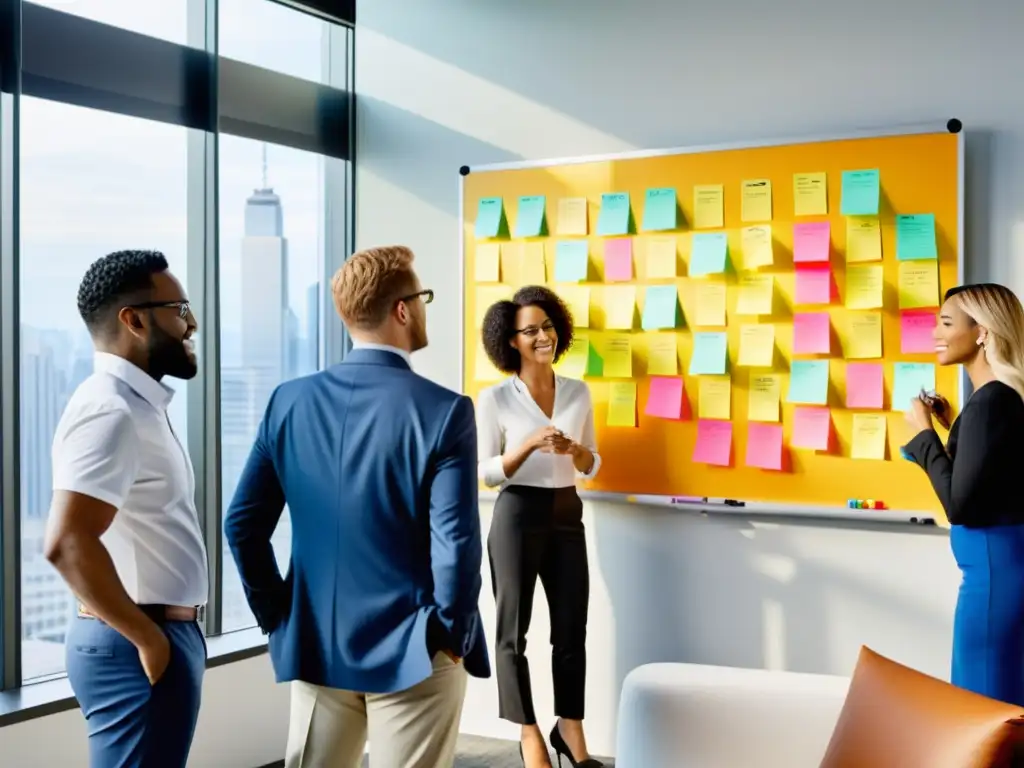 Profesionales colaborando en un espacio de oficina moderno, discutiendo y trabajando juntos en un proyecto