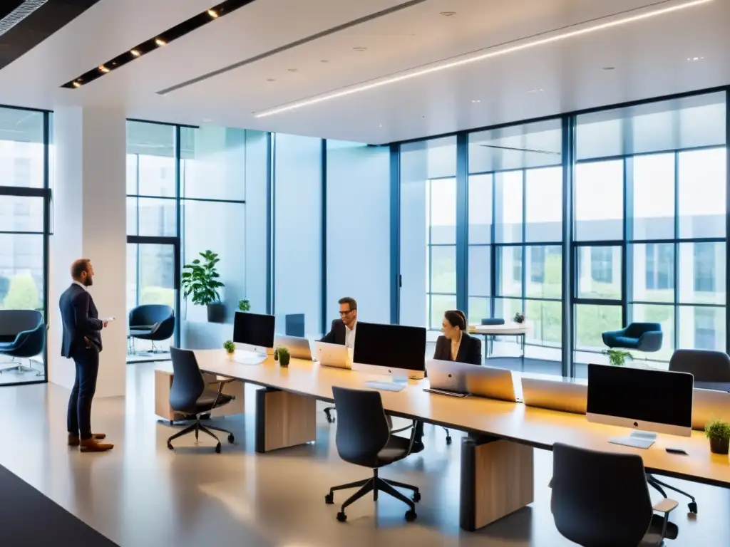 Profesionales trabajando en un espacio de oficina moderno y luminoso, con mobiliario minimalista y tecnología de vanguardia