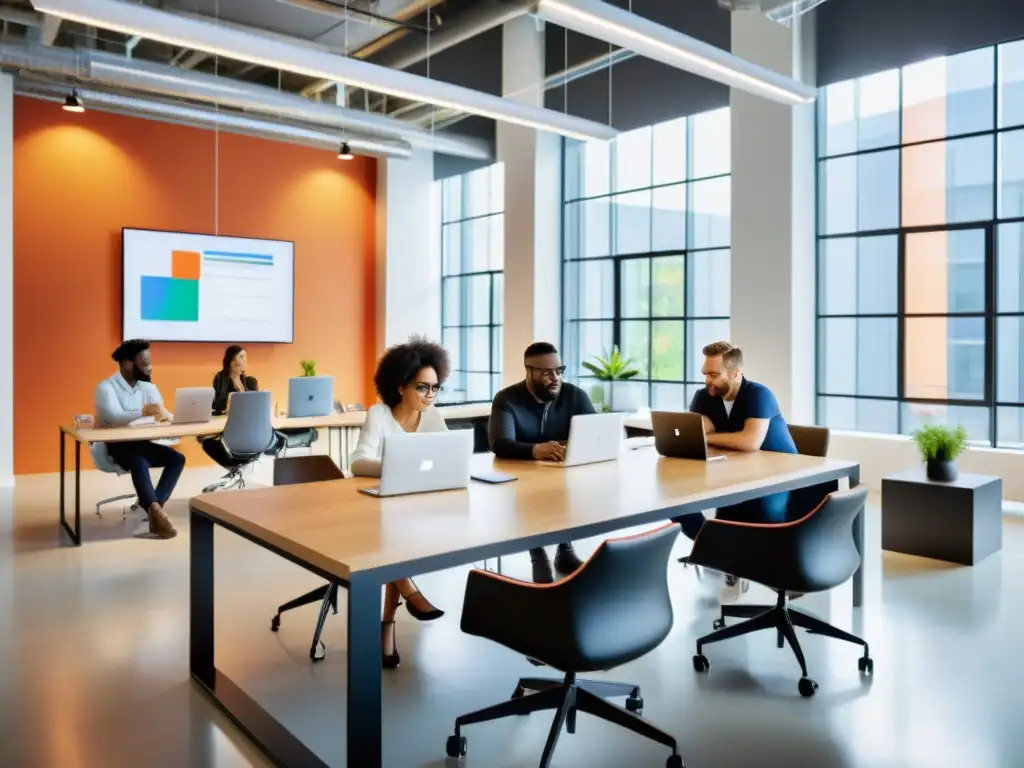 Profesionales colaborando en un espacio de oficina moderno con luz natural