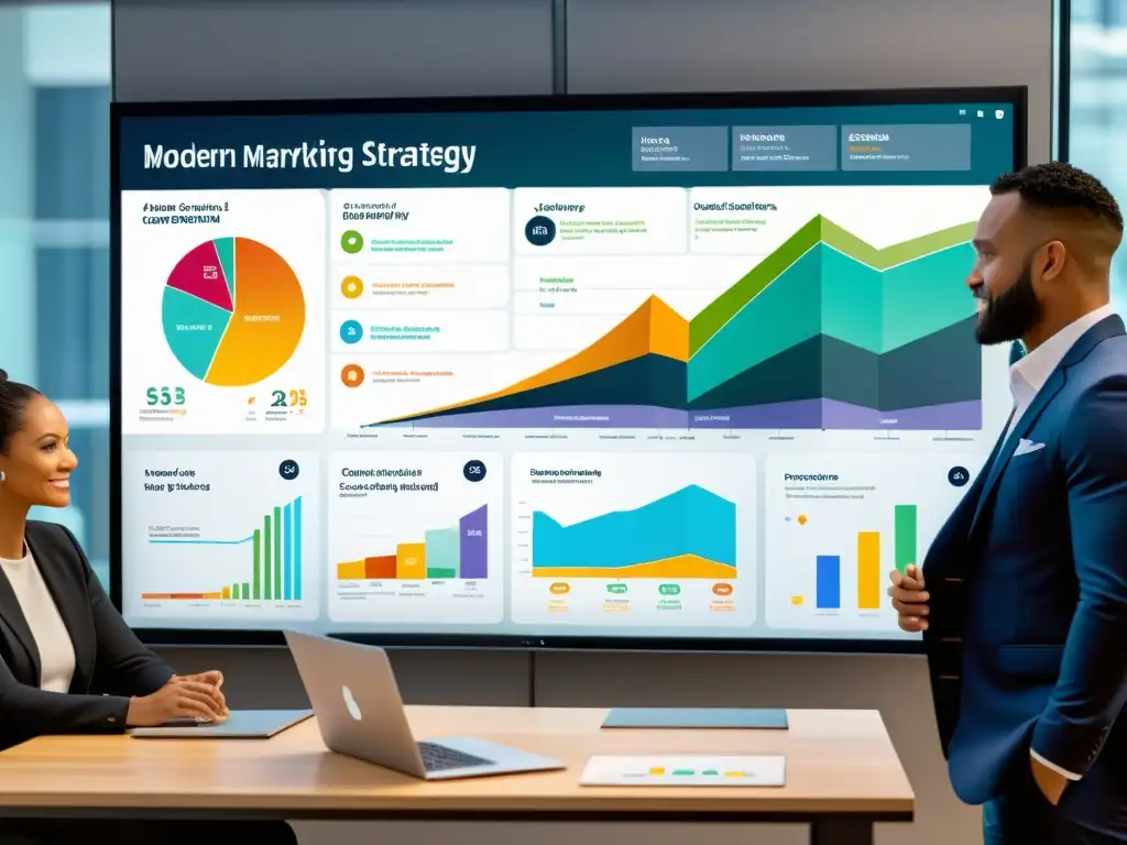 Profesionales colaborando en una estrategia de marketing moderna con journey mapping y visualizaciones de datos