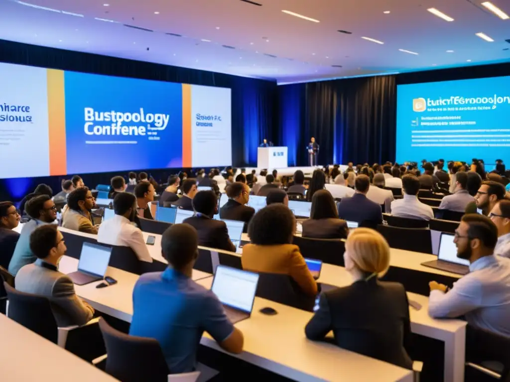 Profesionales y estudiantes de diversas culturas participan animadamente en una conferencia de tecnología de código abierto