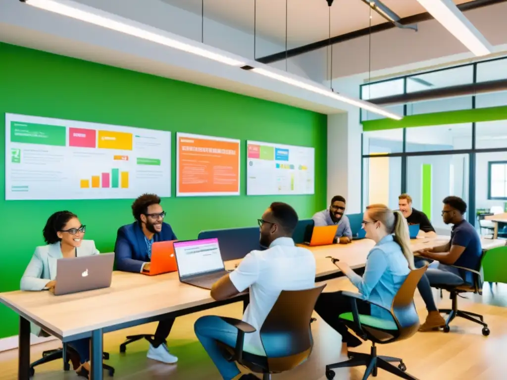 Profesionales y estudiantes colaboran en un espacio coworking, discutiendo sobre LibreOffice