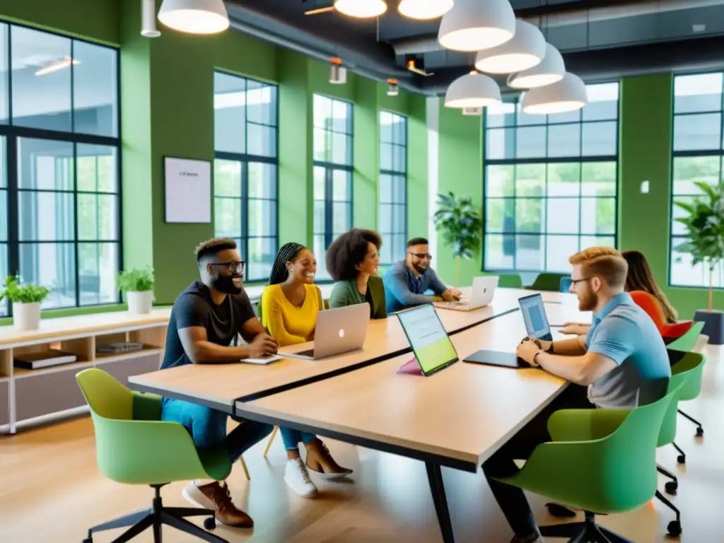 Profesionales y estudiantes colaborando en un espacio de coworking moderno y espacioso, contribuyendo a la comunidad LibreOffice