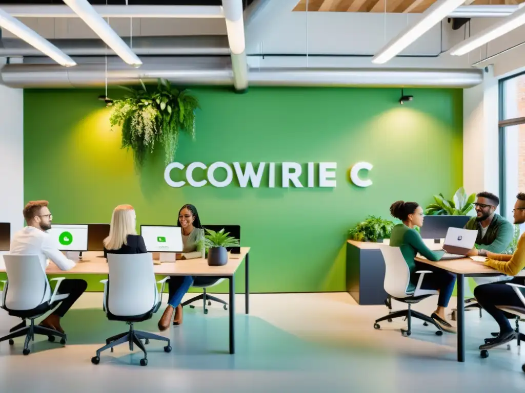 Profesionales y estudiantes colaboran en un espacio de coworking moderno, usando suites ofimáticas de código abierto en laptops