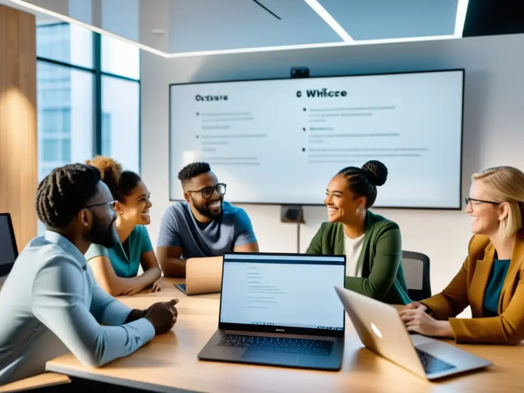 Profesionales y estudiantes colaboran en un espacio de trabajo moderno, iluminado, repleto de computadoras y pizarras