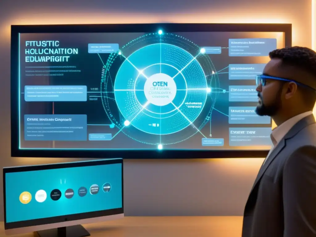 Profesionales y estudiantes colaboran alrededor de una pantalla holográfica, discutiendo sobre networking en comunidades educativas open source