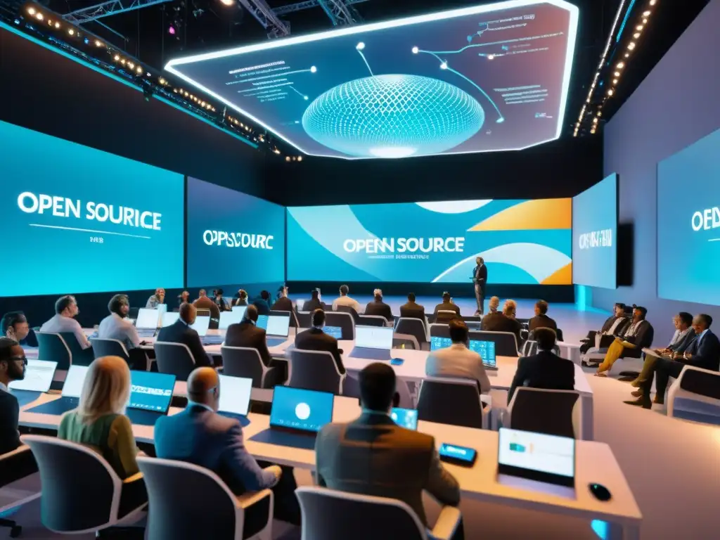 Conferencia virtual de código abierto: Innovación en 8k Profesionales participan en eventos Open Source en un futurista entorno digital de conferencia virtual, con hologramas y realidad virtual
