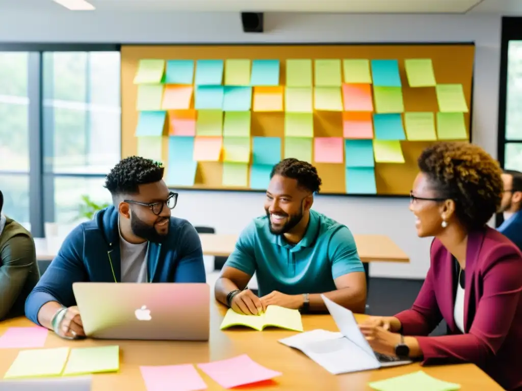 Profesionales colaborando en un hackathon, compartiendo ideas y trabajando juntos en un ambiente creativo y lleno de innovación colaborativa