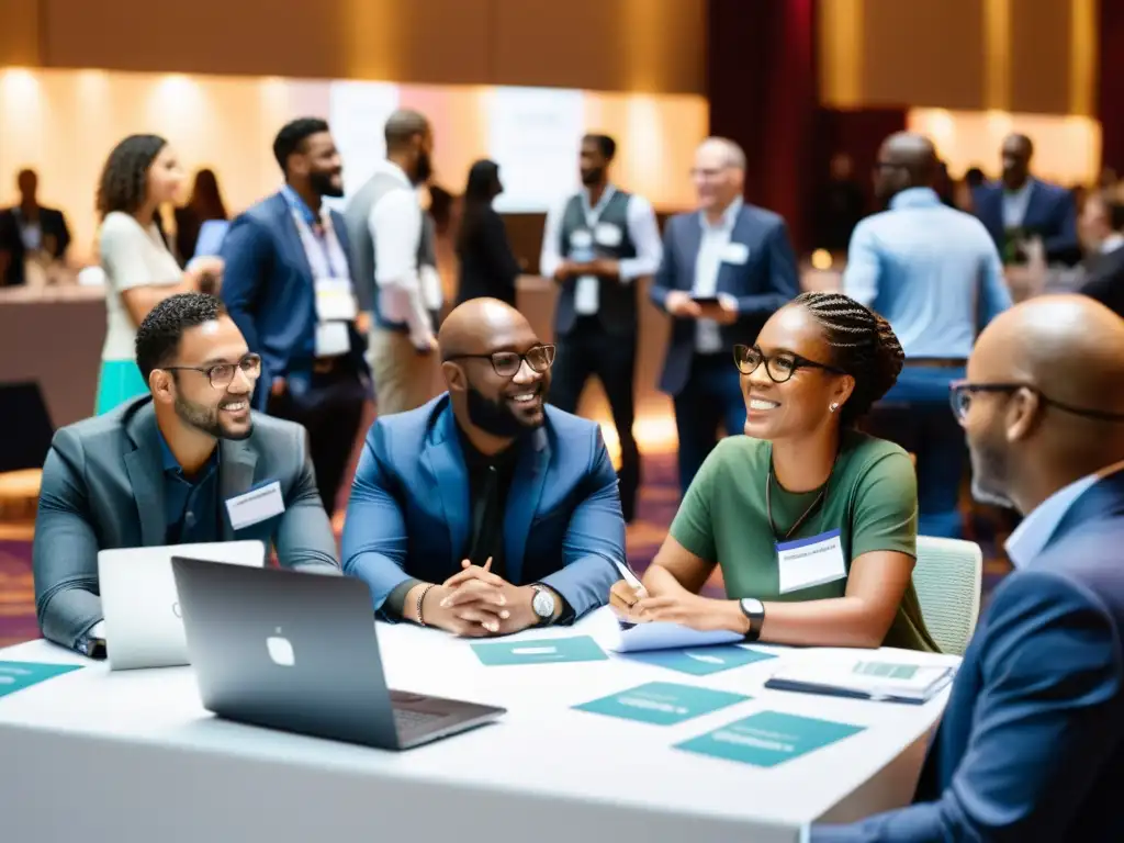 Profesionales intercambian ideas en evento de networking de código abierto, en un espacio innovador y vibrante