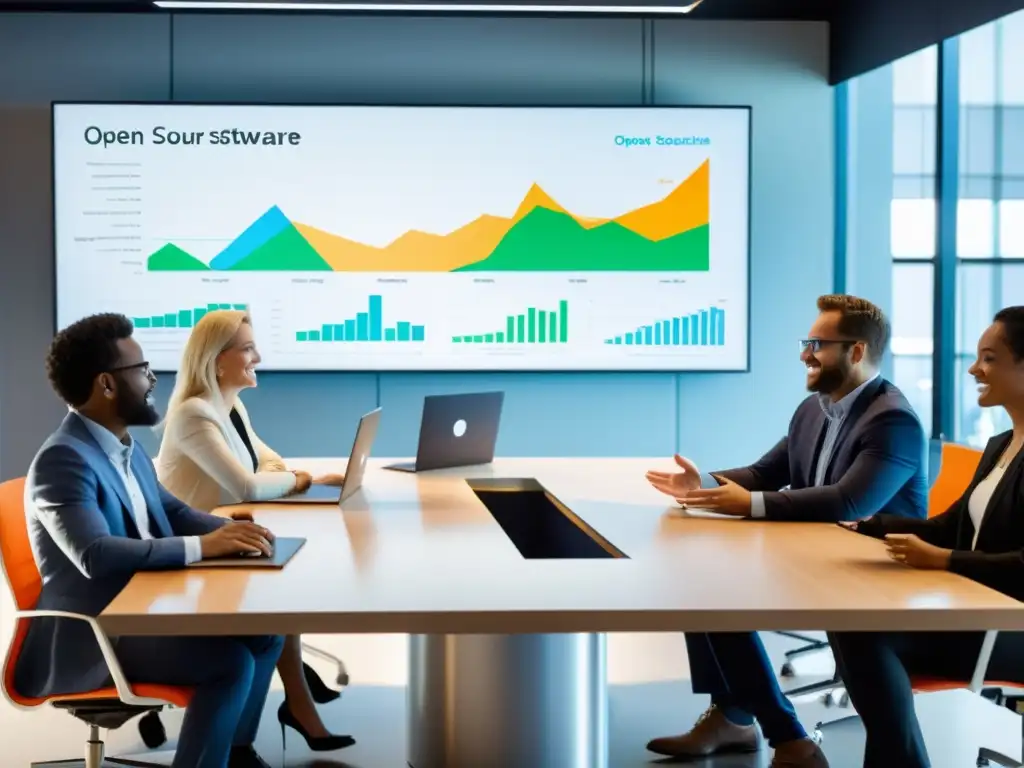 Profesionales discuten animadamente el impacto del código abierto en licencias en una sala moderna llena de luz natural