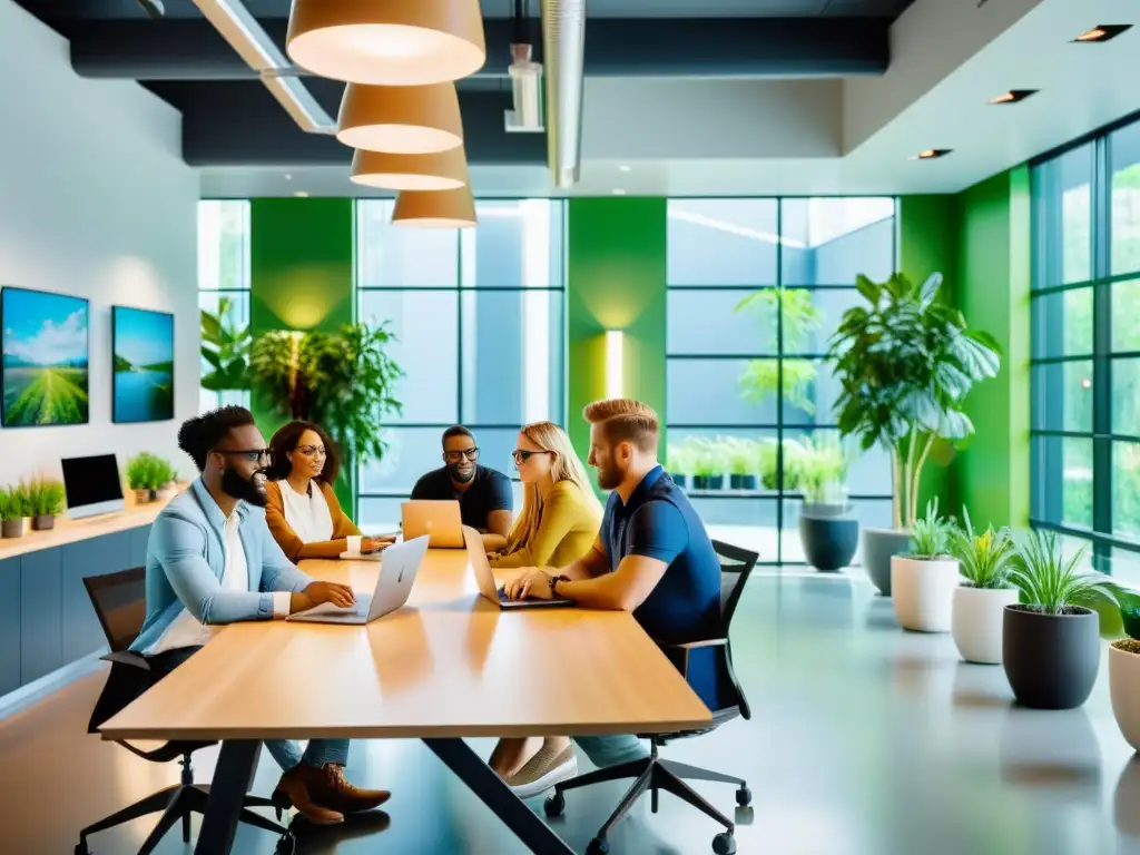 Profesionales jóvenes diversificados en una oficina moderna, colaborando con aplicaciones de código abierto en un ambiente dinámico de startup