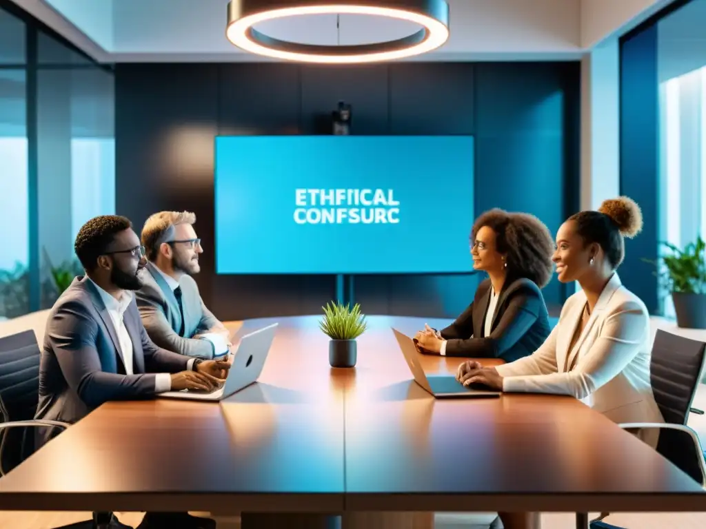 Debate ético sobre IA de código abierto: profesionales colaborativos Profesionales debaten ética en IA Open Source legal, en sala moderna con tecnología