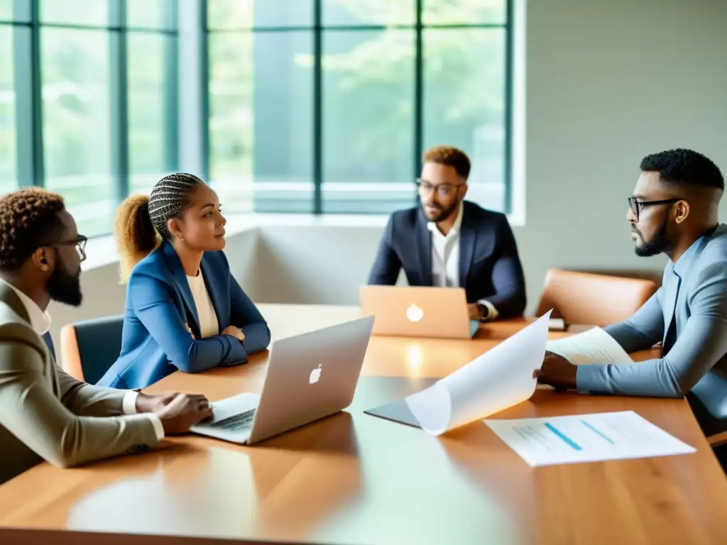 Profesionales debaten sobre licencias de código abierto para IA, en una sala luminosa y moderna