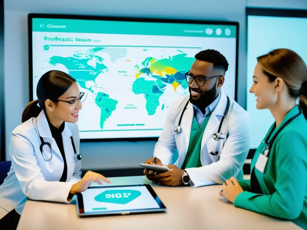 Aprendizaje médico interactivo con Dokeos: profesionales en acción Profesionales médicos interactuando con la herramienta eLearning Open Source Médica en un aula moderna y colaborativa