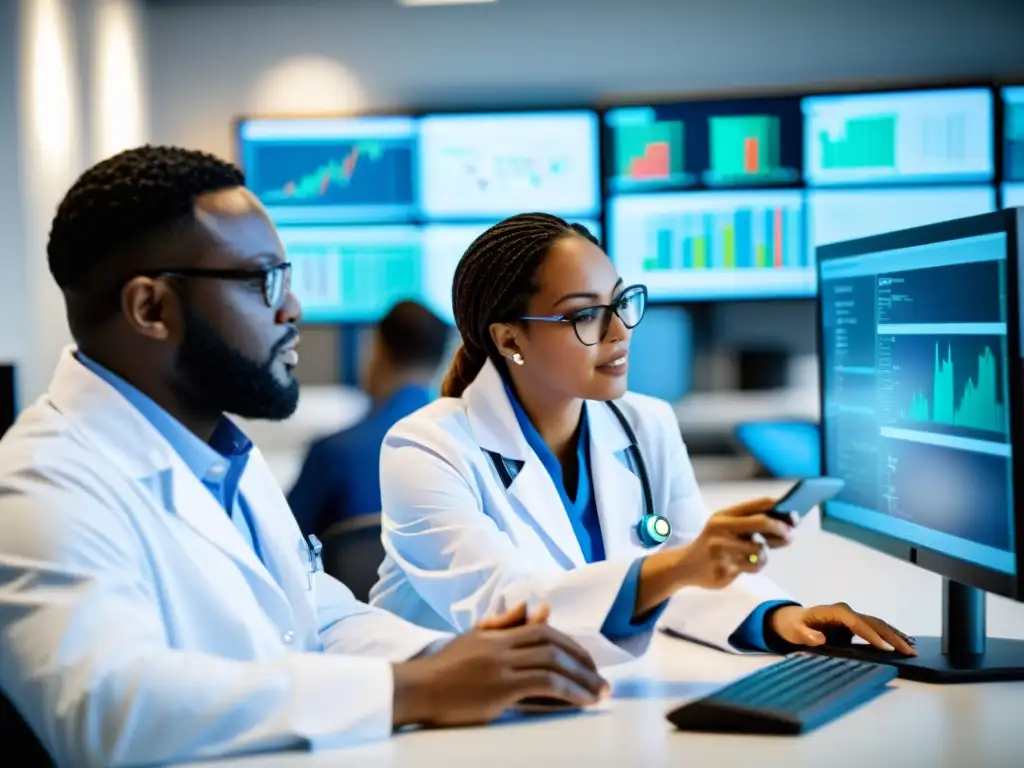 Profesionales médicos colaborando en proyectos de código abierto, mostrando innovación y impacto social en salud pública
