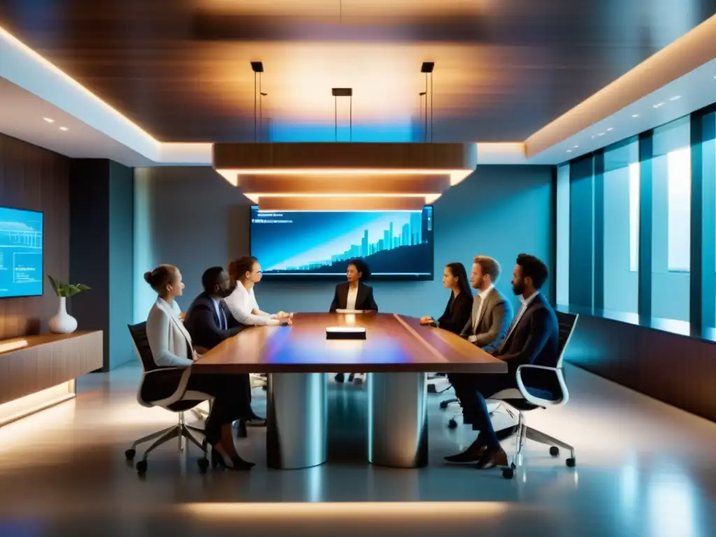 Profesionales colaborando en una mesa de conferencias moderna