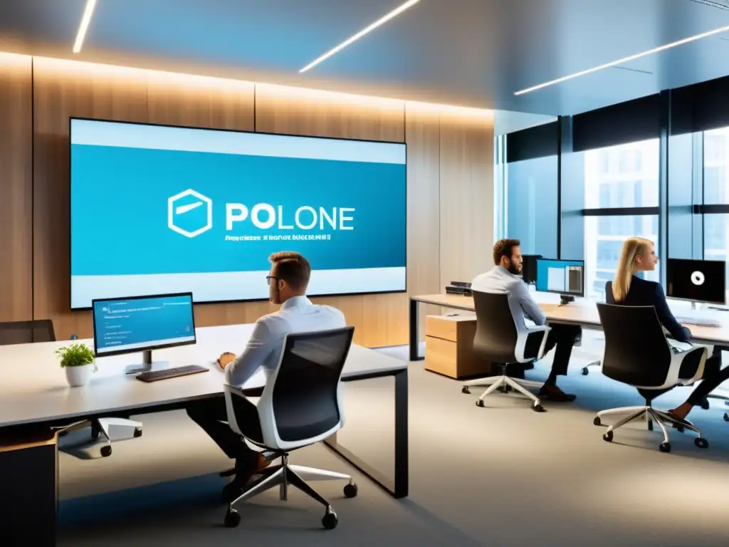 Profesionales colaborando en moderna oficina con Plone, reflejando eficiencia de los mejores sistemas gestión contenido empresarial