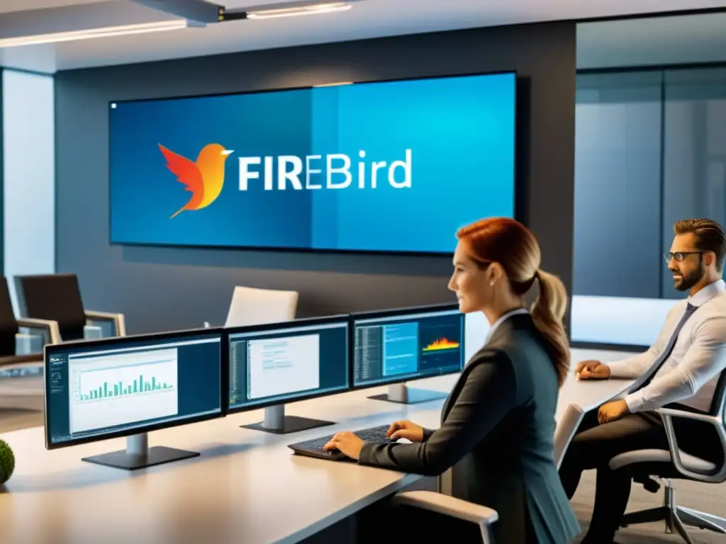 Profesionales colaborando en moderna oficina con Firebird SQL en pantalla de alta resolución, destacando ventajas de utilizar Firebird SQL en entorno profesional