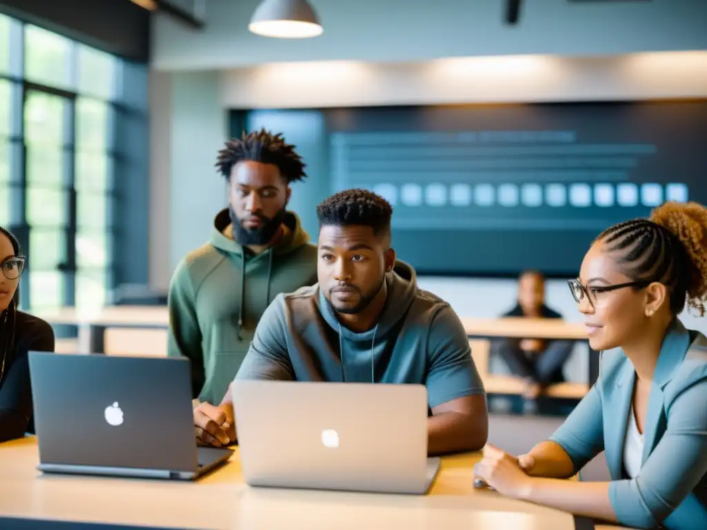 Profesionales colaborando en moderno aula, enfocados en ejercicios de código abierto