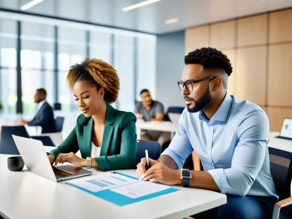 Profesionales colaborando en un moderno espacio de oficina con la Suite Ofimática Open Source ONLYOFFICE