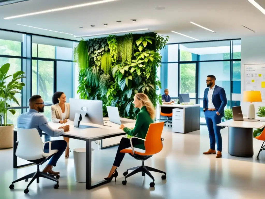 Profesionales colaborando en un moderno espacio de oficina, discuten ideas y trabajan en laptops