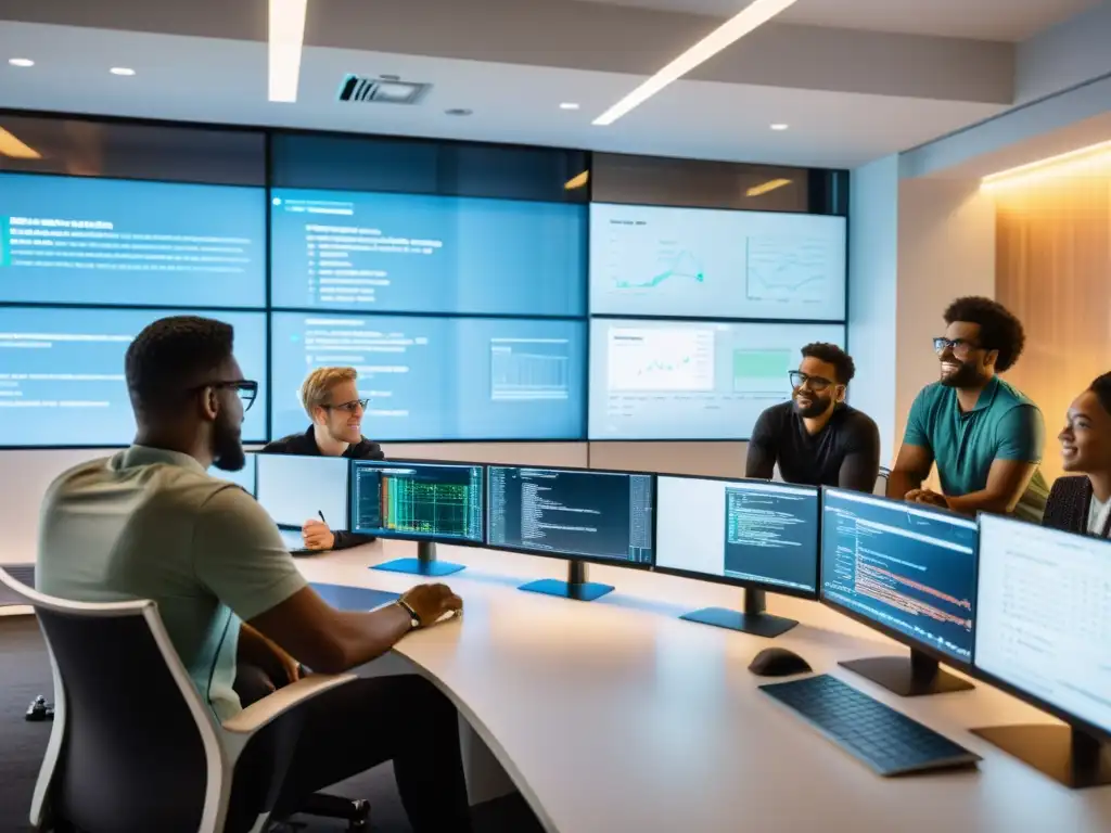 Profesionales colaborando en el nacimiento del movimiento open source en un moderno espacio de oficina, rodeados de tecnología de vanguardia y pantallas de código y visualizaciones de datos, inmersos en un ambiente dinámico e innovador
