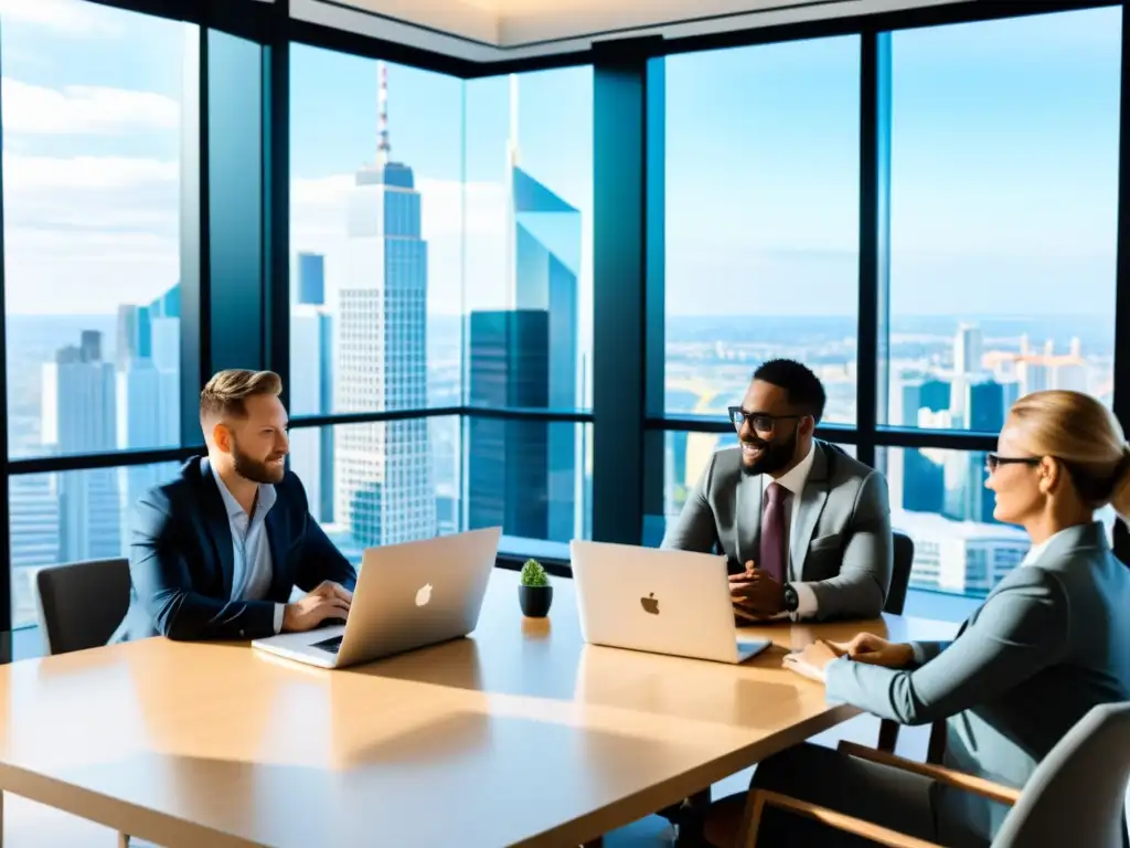 Profesionales de negocios analizan datos sobre ROI del CRM de código abierto, en una sala moderna con vista a la ciudad