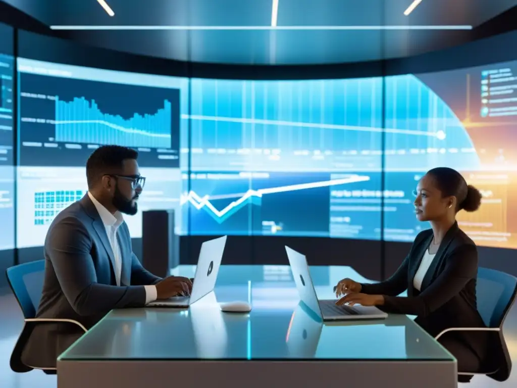 Profesionales colaborando en oficina futurista con datos abiertos Profesionales colaborando en una oficina futurista, utilizando tecnología avanzada para aprovechar el valor de datos abiertos en empresas