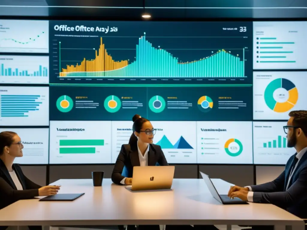 Profesionales en una oficina moderna analizando visualización de datos con D3
