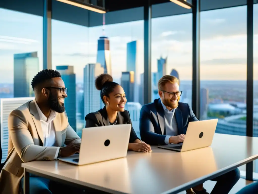 Profesionales colaborando en oficina moderna, discutiendo desarrollo de software libre