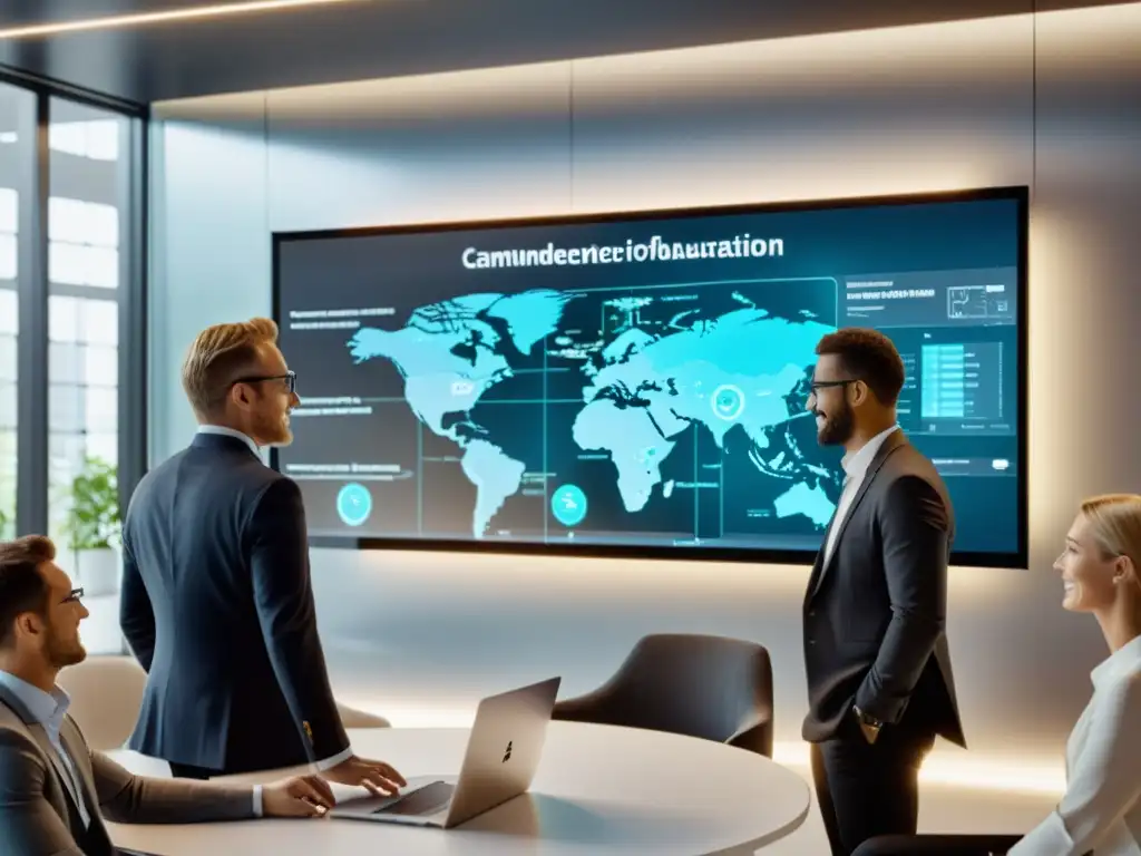 Profesionales colaborando en una oficina moderna, enfocados en la visualización de procesos con Camunda, transmitiendo eficiencia y productividad