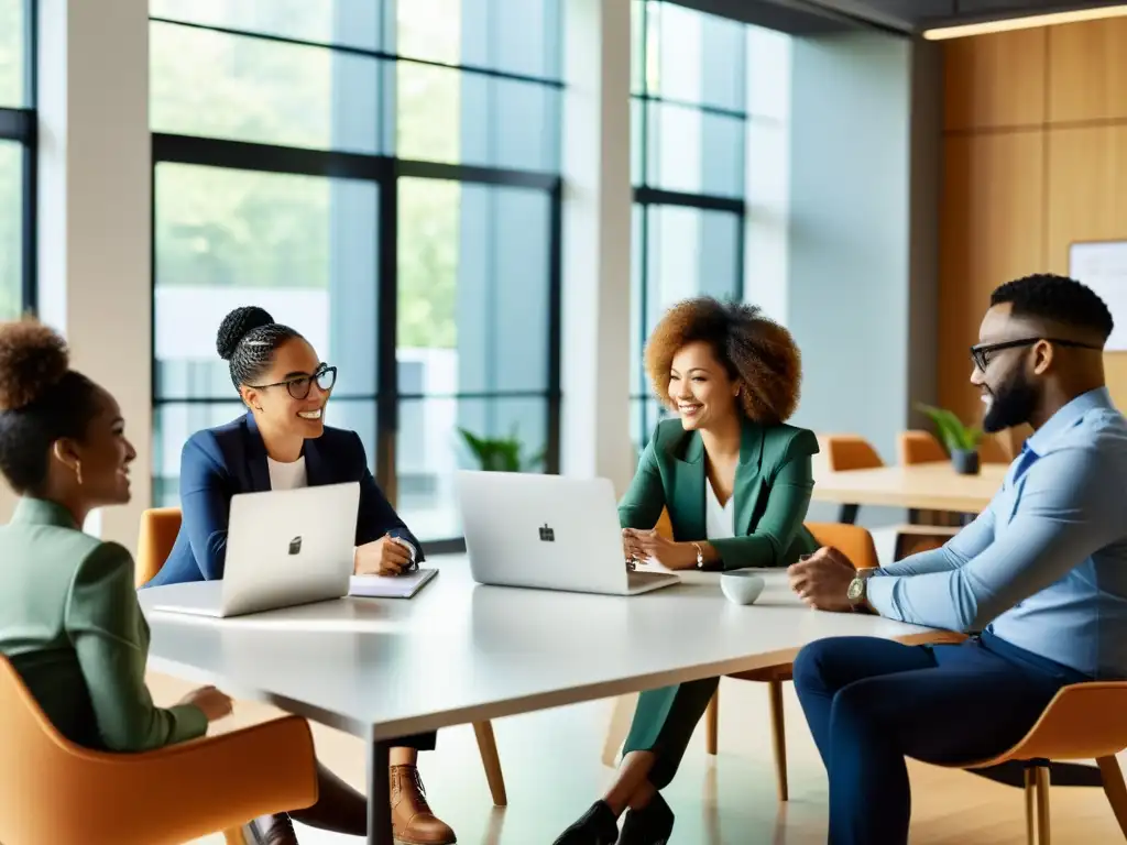 Profesionales diversos colaboran en una oficina moderna, revisando gráficos en laptops