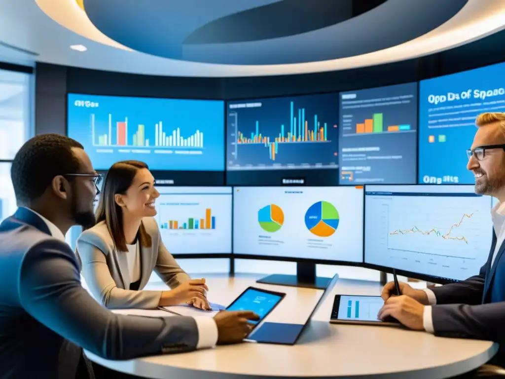 Equipo diverso innovando con tecnología de big data Profesionales colaborando en oficina moderna con herramientas avanzadas de análisis de datos
