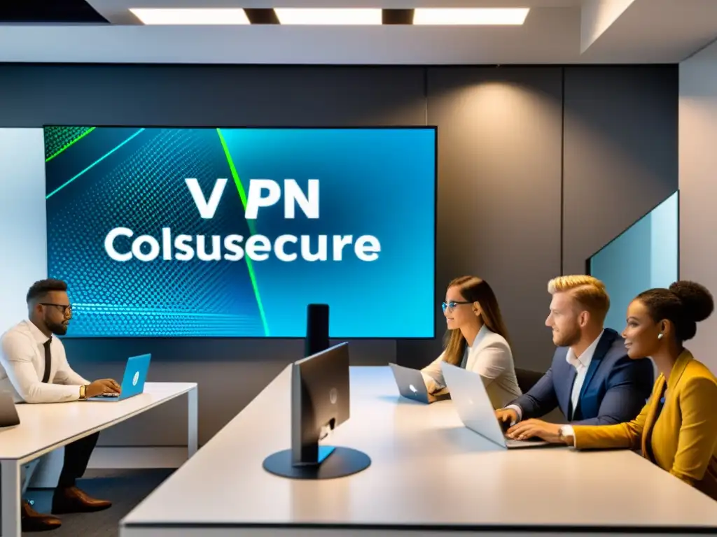 Profesionales diversos trabajando en oficina moderna con VPN Open Source para interconectividad segura en el entorno laboral contemporáneo