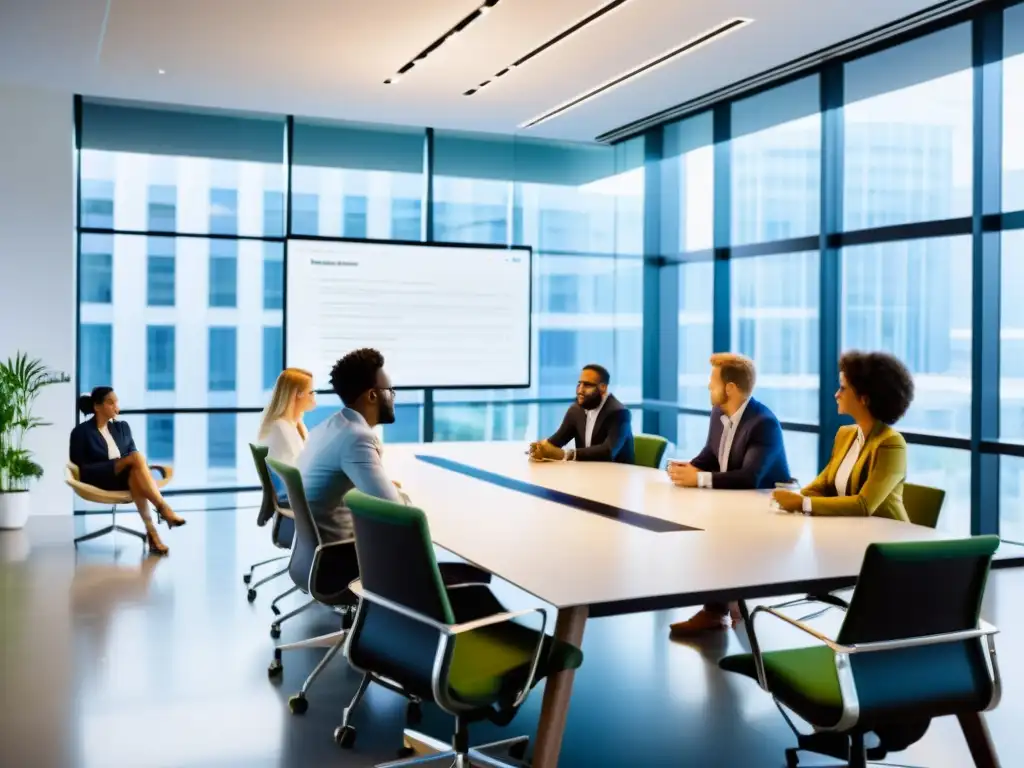 Profesionales colaborando en una oficina moderna, discutiendo y trabajando juntos en el software de código abierto ILIAS